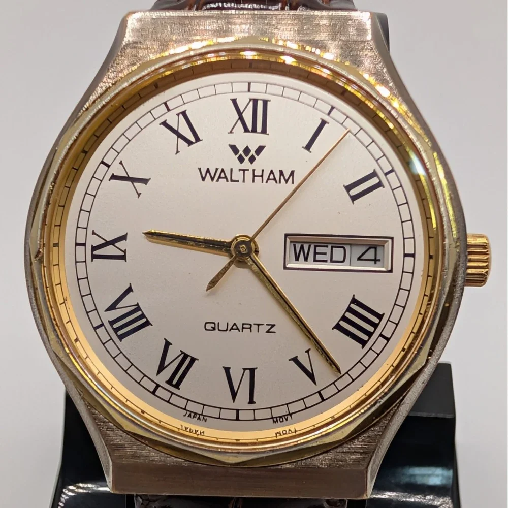 Waltham Quartz Watch Gold‎ Tone Roman Dial Day Date 33mm Sapphire Crystal